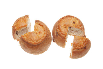 Two cut pork pies