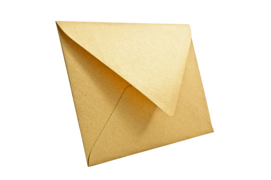 Golden envelope on white background, close up, studio shot.