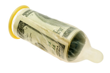 Money stuffed inside a condom depicting sex for money