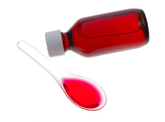 Spoon of medicine and bottle