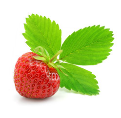 red strawberry fruit with green leafs isolated
