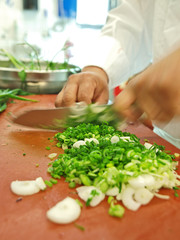 profikoch schneidet frühlingszwiebel bankett gastronomie
