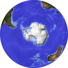 Globe, shaded relief, centered on the south pole