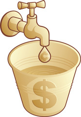 Golden tap dripping cents in a bucket of dollars
