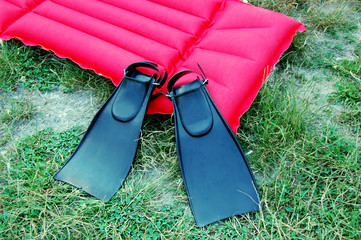 pair of black swimfins and red mattress on green