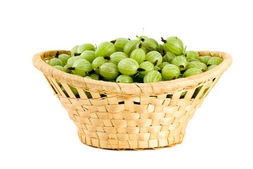 Wicker basket filled with green gooseberries