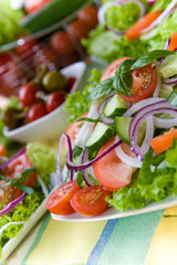 Fresh salad with onion, tomato and basil