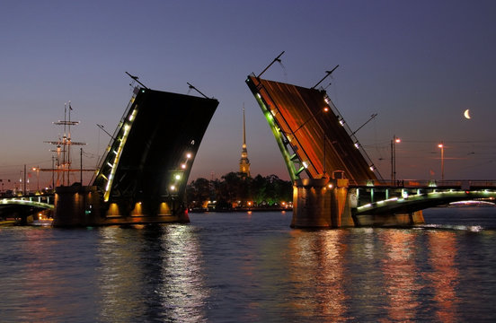 View of the Peter and Paul Fortress and open Stock Bridge. 