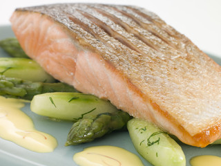 Crisp Fried Salmon Supreme with Cucumber Asparagus and Hollandai