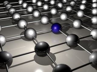3d connected metallic balls with a blue ball standing out