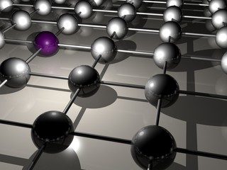3d connected metallic balls with a purple ball standing out