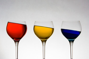 Wineglasses with colored liquid at odd angle