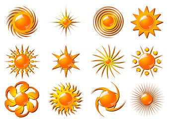 Different stylized suns isolated over white background