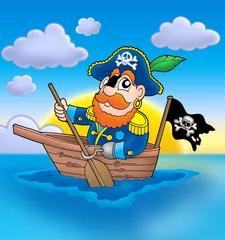 Fotobehang Piraten Piraat op boot met zonsondergang