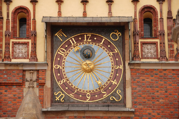 Astronomical clock on city tower in Wroclaw, Poland