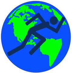 stick figure or man running acrossed earth or globe