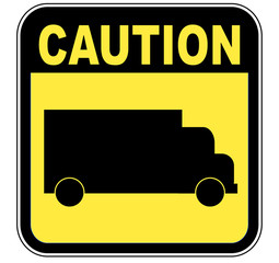 yellow caution sign with transport truck 