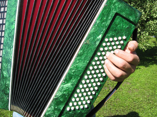 Playing the accordion in the garden, details close up