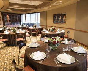 Empty restaurant dining room.