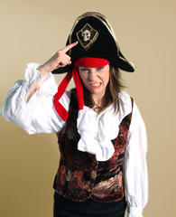 attractive woman angry pirate pointing at the skull and bones