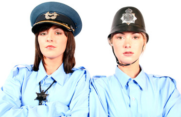 beautiful brunette and blonde female police officers