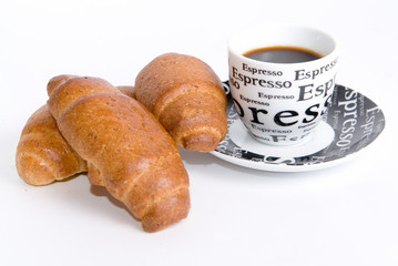 black coffee with three croissants