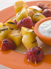 Caramelised Fruit Brochette with Honey Creme Fraiche