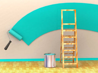 Ladder, roller brush, bucket. Space for text