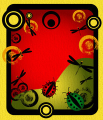 Colored background with circles, ladybirds and dragonflies