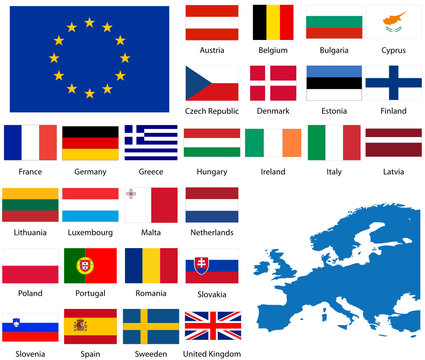 Detailed flags and map of European nations