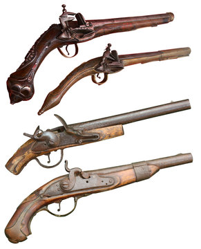Isolated vintage firearm pistols of XIVII-XIX centuries