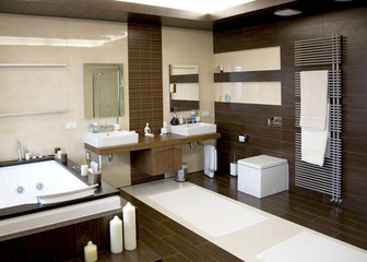 luxurious modern white bathroom with dark wood floors