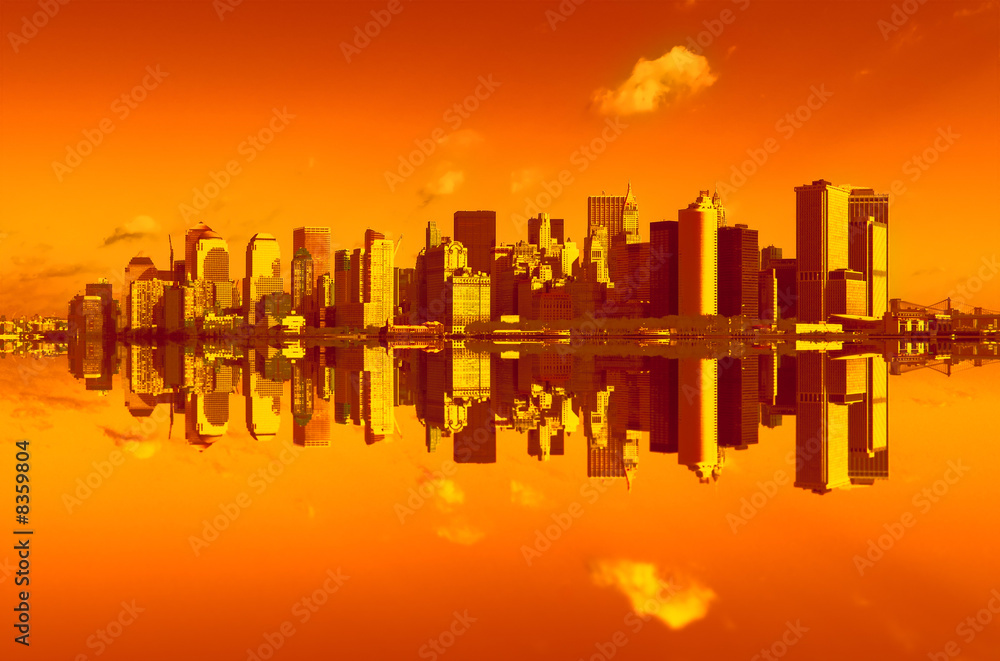 Poster panorama of manhattan in sunset light, new york