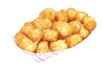 Fried tater tots in basket.  Isolated on white background. - 8363665