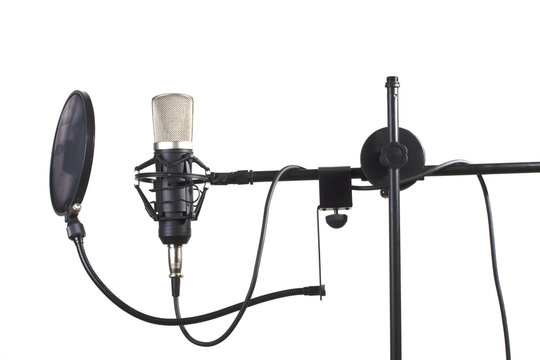 studio microphone on a stand on white background