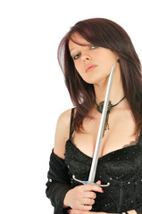 attractive girl holding sword near neck