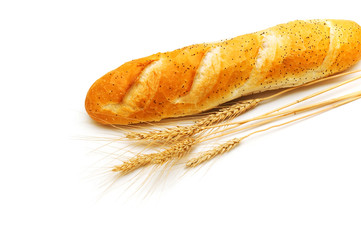Bread and wheat ears isolated on white