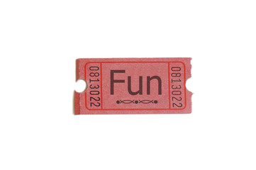 Single ticket with "fun" text, on white