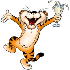 Tiger and drink - colored and detailed cartoon illustration