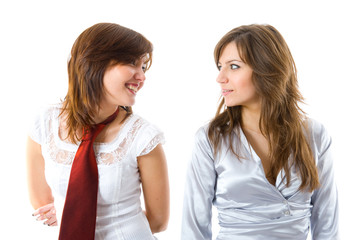 Two smiling businesswomen in team