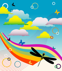 Obraz na płótnie Canvas Abstract background with rainbow, dragonfly and butterflies