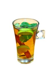 Tea with mint and lemon on white background