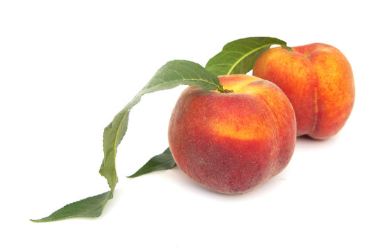 Two peaches with leaves