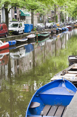 Fototapeta na wymiar canal scene with boats houses amsterdam holland