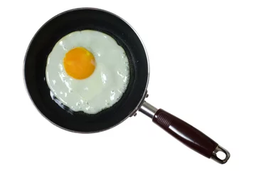 Poster Oeufs sur le plat Frying pan with sunny side up egg isolated on white background