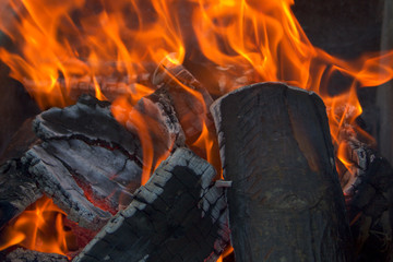 burning flame on the charcoal and wood