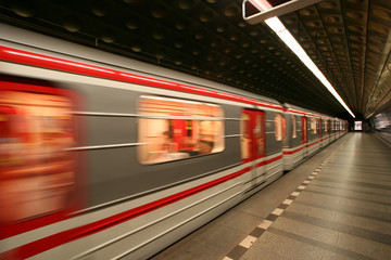 Fototapeta premium European Prague metro transit vehicle in motion