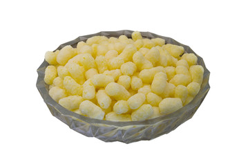 Popcorn in plate on white background