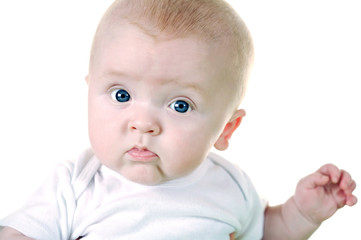 Up Close of cute baby face on white background