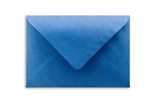 Blue envelope on white background, close up, studio shot.
